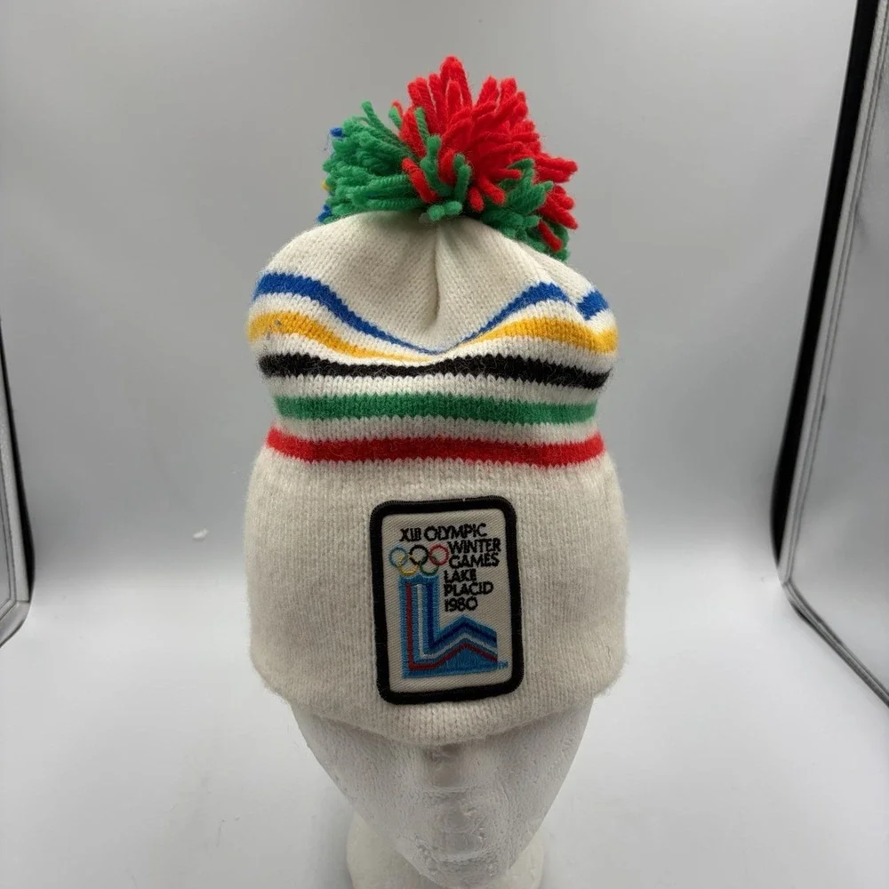 1980 Winter Olympic Lake Placid NY Beanie Hat Rainbow Hudson Stripes Wool Blend